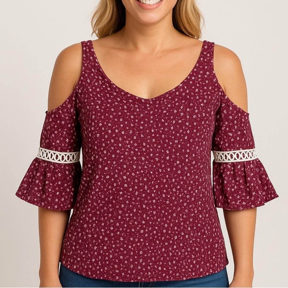 Mossimo Burgundy Floral Cold Shoulder Top | Size M | Boho Festival Blouse